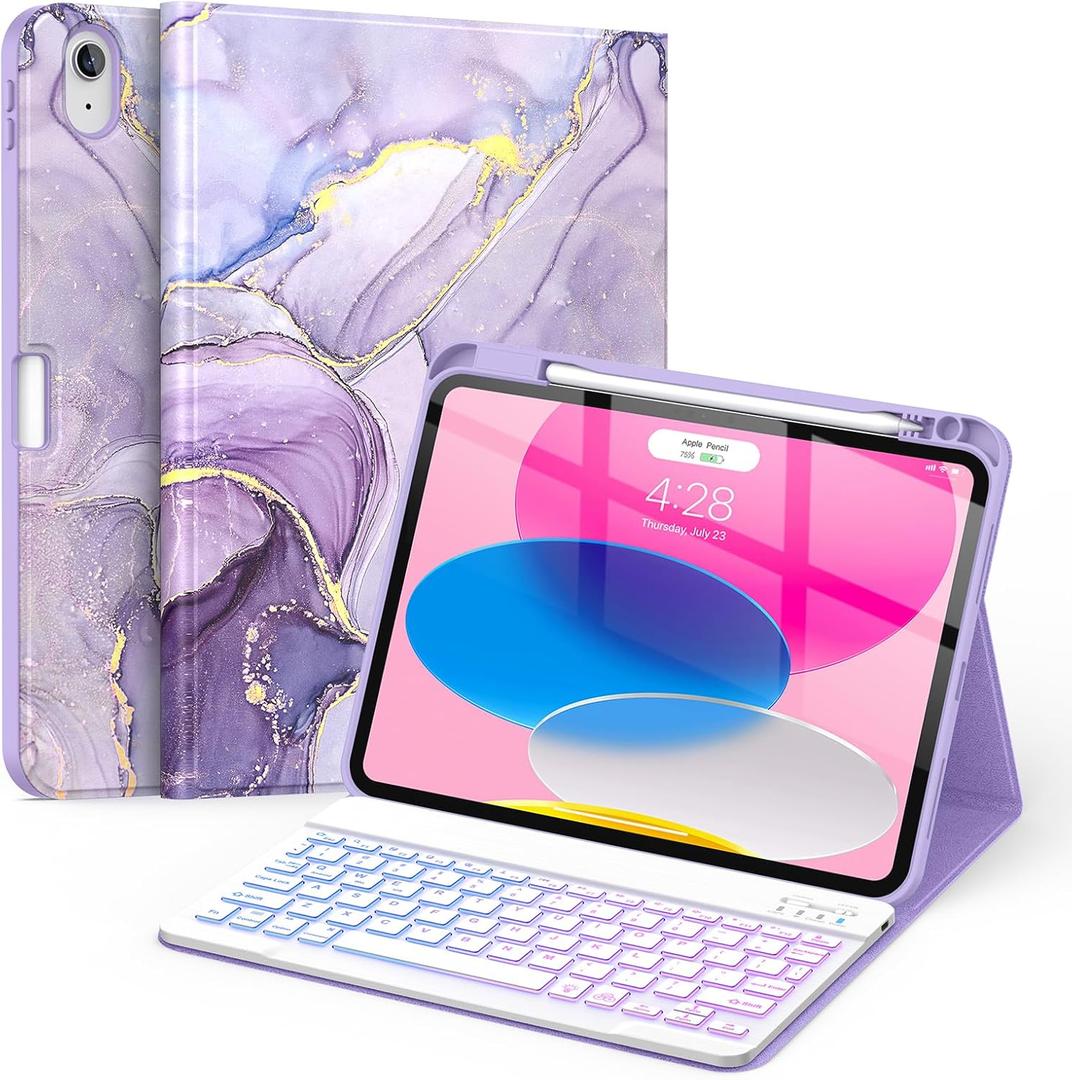 Soke for iPad (A16) 11th/10th Generation Case with Keyboard(2025/2022)-7 Color Backlight Wireless Detachable Folio Keyboard Cover with Built-in Pencil Holder for iPad 11/10.9 inch, Violet Marble