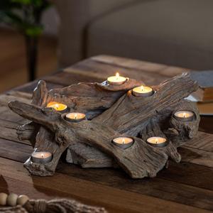 Plow & Hearth Faux Driftwood Resin Logs Candle Holder for Fireplace | Romantic Ambiance Without Heat or Mess | Holds 8 Tea Lights| Realistic Sculpted Logs | 15" L x 10.5" W x 5" H
