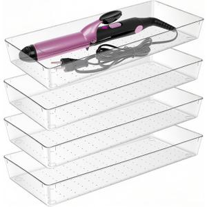 Manalete 4 Pack 15"x6" Extra Large Clear Plastic Drawer Organizer Trays, Multi-Purpose Storage Bins for Vanity, Makeup, Kitchen Utensils, Bathroom, Office Desk, Auto Tools & Craft Supplies