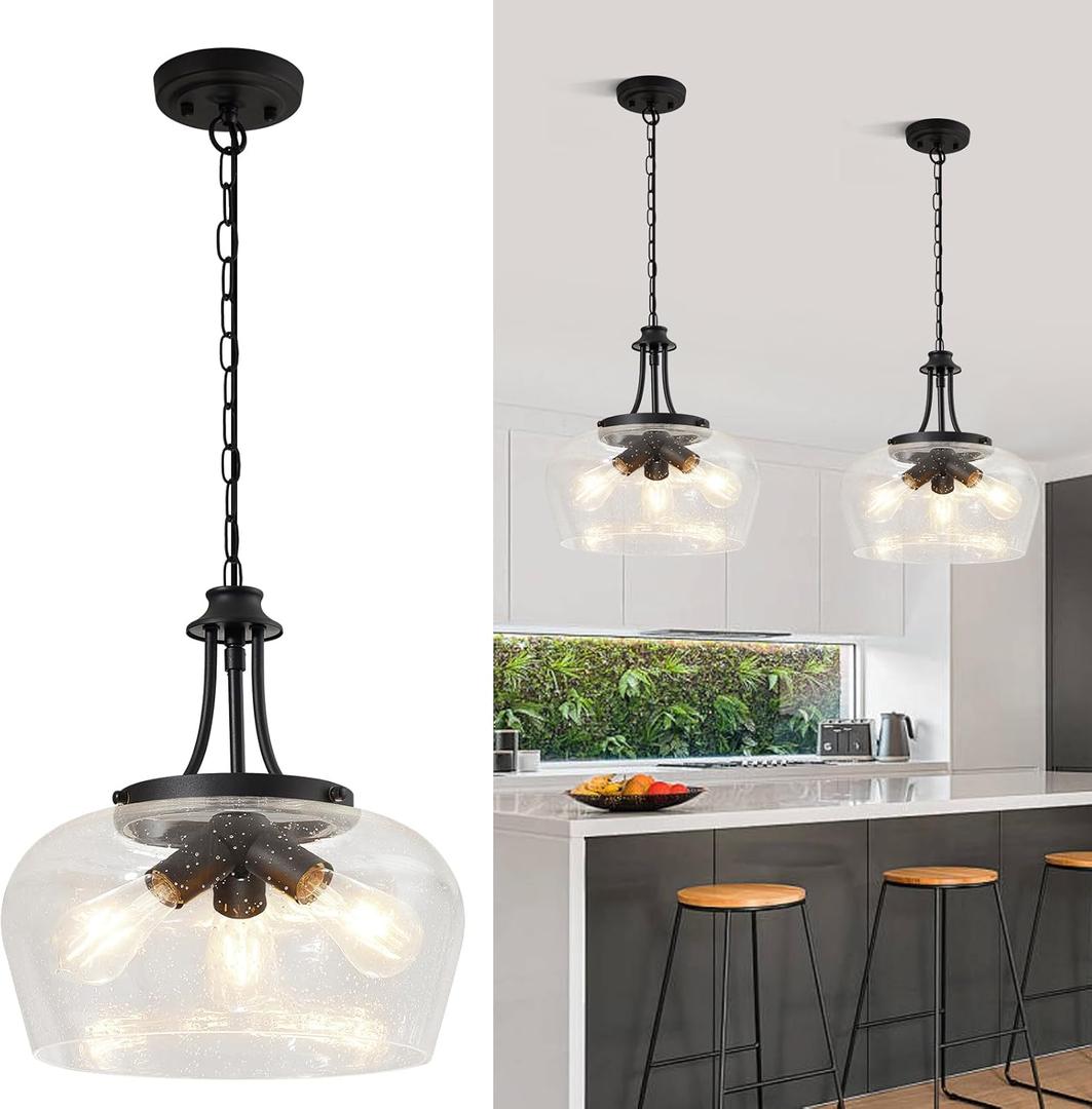 Modern Black Chandelier for Dining Room,3-Light Dining Room Light Fixture Over Table with 14.2" Clear Air Bubble Glass Shade,Industrial Hanging Pendant Lights Fixture for Kitchen Island Entryway Foyer