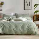 JELLYMONI 100% Natural Cotton 3pcs Striped Duvet Cover Sets,White Duvet Cover with Green Stripes Pattern Printed Comforter Cover,with Zipper Closure & Corner Ties(King Size)