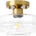 Ceiling Light Fixture with Textured Glass, 10 inch,Gold Finish,E26 Socket,Semi Flush Mount Ceiling Light for Hallway, Porch,Kitchen