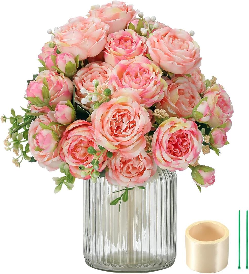 ZINHO 4 Packs Artificial Peony Flowers, 20 Heads & 16 Buds, Realistic Fake Silk Flowers for Home Decor, Wedding Bouquets DIY Crafts Includes 2 Ties & 1.8m Ribbon (Pink)