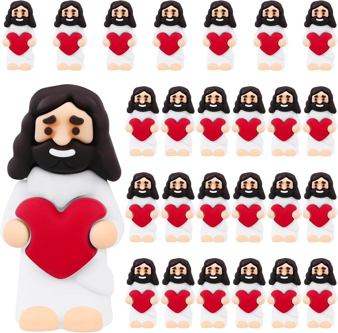 Bememo 25 Pack Little Jesus Figures Mini Rubber Jesus Toys Figurines Bulk Hide and Seek Religious Gifts for Sunday School Baptism Easter Valentine Party Supplies(White, Red)