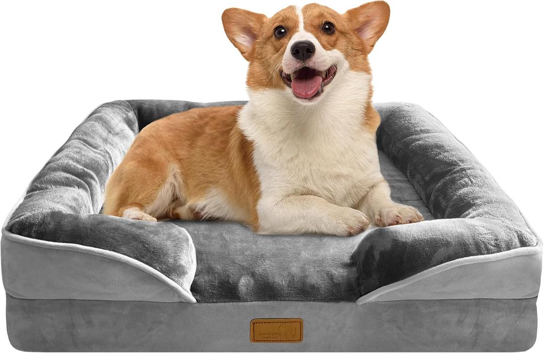 Spotted Play Orthopedic Dog Bed with Sides - Dog Sofa Beds for Medium Dogs, Supportive Foam Pet Couch Bed with Washable Removable Cover, Waterproof Lining and Non-Slip Bottom, Grey - M (28.0"L x 23.0"W x 6.5"Th)
