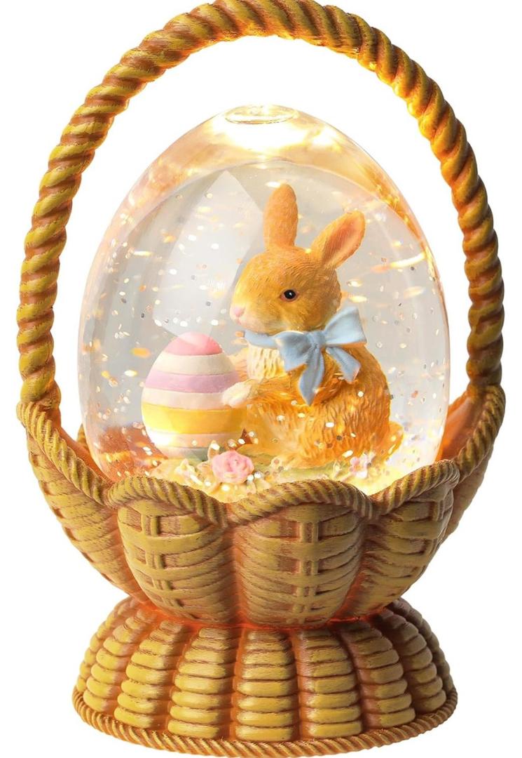 Easter Snow Globe Lantern Bunny Easter Decorations for Home with Timer Swirling Glitter, Lighted Indoor Decor Gifts with Basket Eggs, USB or Battery Operated