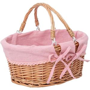 Small Wicker Basket with Removable Pink Liner, Willow Storage Basket for Gifts with Double Handles, Easter Basket, Wedding, Egg Gathering, Pink