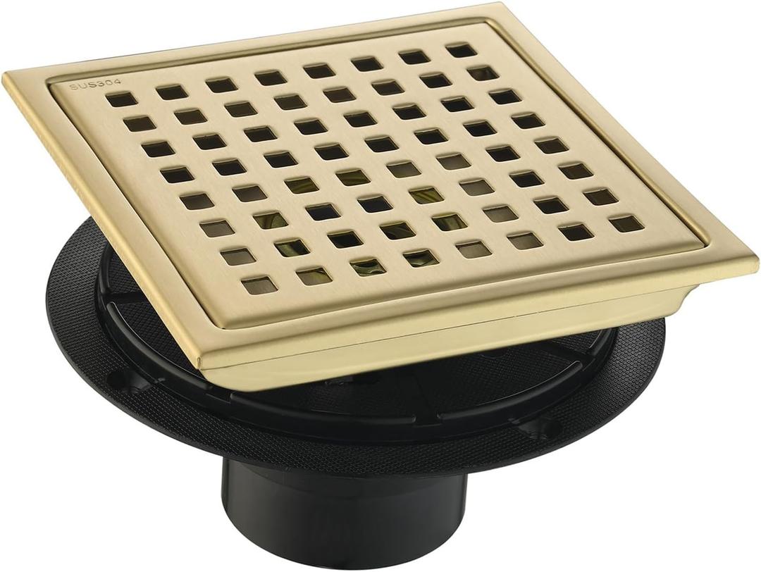 6 Inch Square Shower Floor Drain with Flange,Quadrato Pattern Grate Removable,Food-Grade SUS 304 Stainless Steel,Brushed Gold