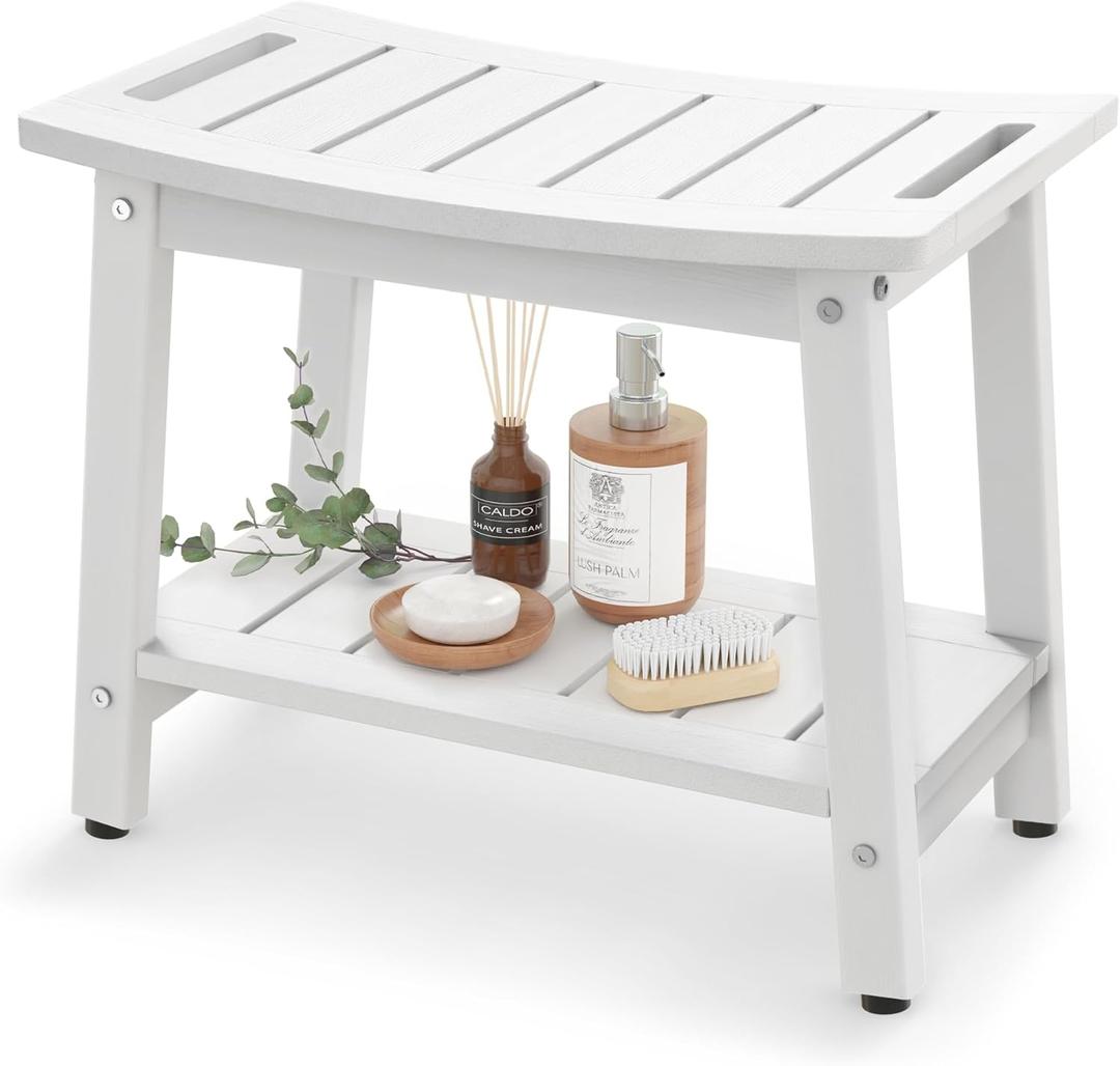 Shower Bench for Inside Shower - White HDPE Shower Stool Waterproof - Spa Bathroom Seat Chair with Handle, Storage Shelf, Adjustable Feet - Indoor/Outdoor, Weather Resistant (Large 21x12.5x17 Inch)