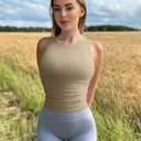 OQQ Women's 1 Piece Tank Tops Crew Neck Sleeveless Basic Stretch Casusal Yoga Crop Camis Oatmeal Dry Rose, Medium