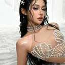 Women Club Sleeveless Prom Dress Pearls Crystals See Through Tassel Dress gig Event Latin Dance Dress, One Size