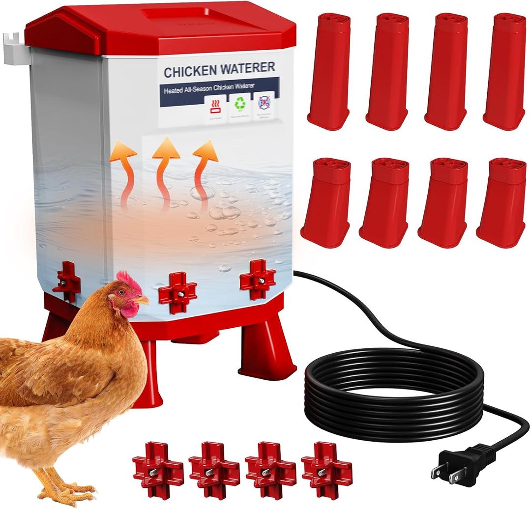 Nexum 3-Gallon Heated Chicken Waterer  All-Season Poultry Drinker with 4 Nipples and Stand, Keeps Clean & Unfrozen, Easy-Fill, Low Maintenance for Chickens, Ducks & Quail (Red, 12L) (Red, 12L)