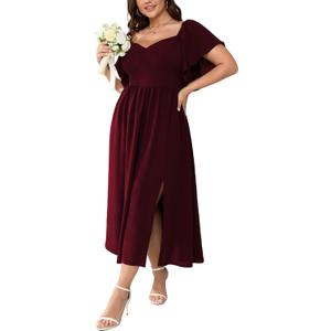 SCOMCHIC Women Plus Size Dresses Short Sleeve Sweetheart Neckline Wedding Guest Cocktail Smocked A Line Slit Maxi Dress (XXL)