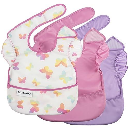 Tiny Twinkle Mess-Proof Baby Bibs for Eating | Waterproof, Wipeable Toddler Bibs with Catch-All Pocket | Feeding Bibs for Girls & Boys(3 Pack,Butterfly)