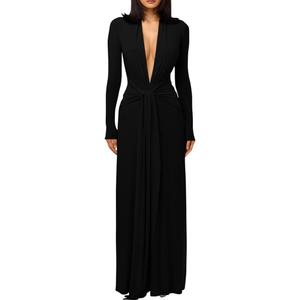 DAAWENXI Women's Sexy Deep V Neck Maxi Dress Long Sleeve Tie Wedding Guest Cocktail Evening Dresses (Black)
