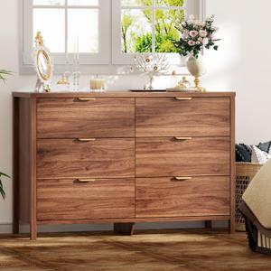 Dresser for Bedroom with 6 Drawers, 47.2" Modern Chest of Drawers, Dresser TV Stand, Wood Drawer Organizer for Living Room, Hallway, Walnut