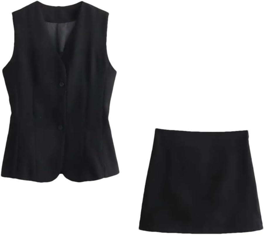 Women Casual Sleeveless Waistcoat Elegant A-Line High Waist Mini Skirt Elegant 2 Piece Skirt Sets (Small, Black)