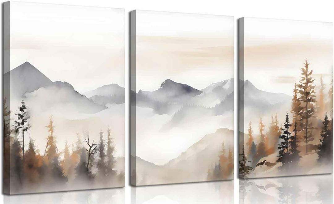 LBARTXY 3Pcs Framed Neutral Mountain Canvas Wall Art Forest Landscape Posters Prints Modern Abstract Watercolor Paintings Wall Decor Pictures for Living Room Bedroom Decoration, 16x24in