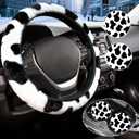 Black and White Cow Print Fuzzy Steering Wheel Cover for Women, Universal Auto Steering Wheel 14-15 Inch Soft Warm Car Interior Accessories with 2PCS Car Coasters, Suitable for Men and Women (One Size)