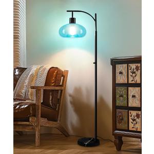 Floor Lamps for Living Room, Dimmable Modern Standing Lamps for Home Decor, Industrial Tall Pole Lamp for Office Bedroom, with Handblown Blue Glass Mushroom Shade and Marble Base, Bulb Included