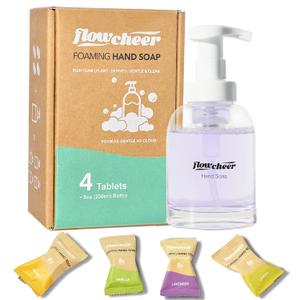 Foaming Hand Soap Refill Tablets - Glass Foaming Soap Dispenser Combo - CrystalClear Real Glass Bottle 11 oz - 4 Refill Tablet Included Start Kit - Soap Pump for Bathroom Kitchen Countertop