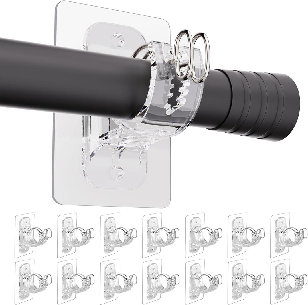 No Drill Curtain Rod Holders, Heavy Duty Self Adhesive Curtain Brackets Hooks, Adjustable Nail-Free Stick on Wall Hangers for Bathroom, Bedroom, Kitchen and Livingroom (14 Pack)