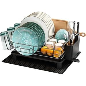 MAJALiS Kitchen Dish Drying Rack, Large Dish Drainers for Kitchen Counter, Rust-Proof Dish Strainer Rack with Utensil Holder and Dryer Mat (Black - One Tier)