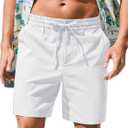 RQP Mens Cotton Linen Shorts Casual Drawstring 7inch Inseam Shorts Stretch Summer Beach Wear (Large, White)