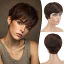 FESHFEN Pixie Cut Wigs Synthetic Short Brown Mixed Auburn Pixie Haircut Wig with Bangs Glueless Layered Wig Wavy Wigs for Women