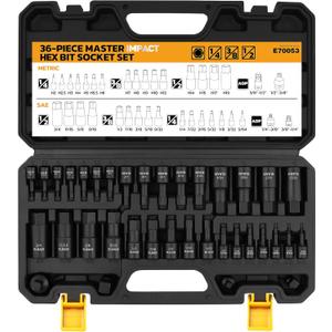Hex Bit Impact Socket Set: 36-Piece with 4 Adapters, 1/4", 3/8", 1/2"Drive Master Allen Socket Set, Cr-V Steel, SAE and Metric, H5-H19 & 3/4"-5/64", Reinforced Storage Case, Automotive Mechanic