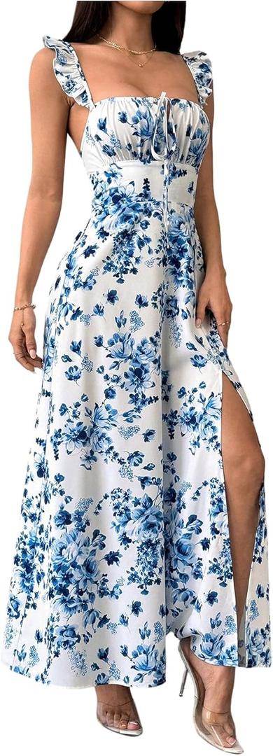 GORGLITTER Women's Floral Backless Maxi Dresses Ruffle Sleeveless Summer Cocktail Graduation Wedding Guest Sun Dresses (Blue and White) XL