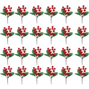 WILLBOND 24 Pieces Artificial Christmas Berry Picking Berry Branches Holly Leaves Picking Fake Berries Christmas Crafts Party Holiday Decoration (Natural Color)