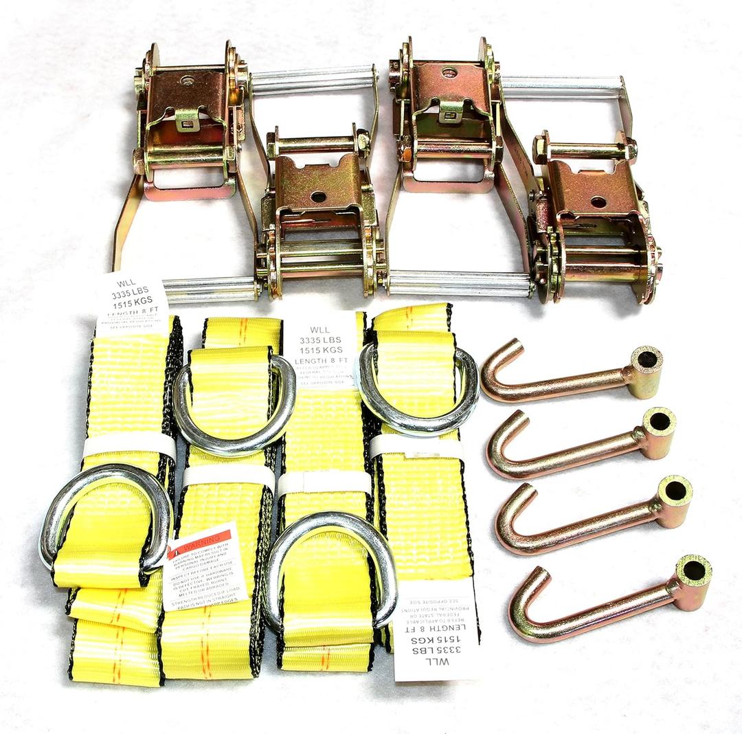 GRIPON (Pack of 4) 2" x8' Lasso Strap with 2" Ratchet and J Finger Hook Tie Dow