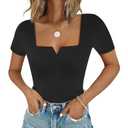 Chunpin Women's Square Neck Notch V Neck Bodysuit Short Sleeve Tops Outfits Thong Bodysuits Going Out Black Large