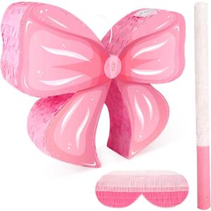 Hooqict Pink Bow Pinata with Blindfold and Bat Stick Pink Girls Pinata for Birthday Party Girls Kids Bow Birthday Party Supplies Decorations (Small Size 16"x13"x3")