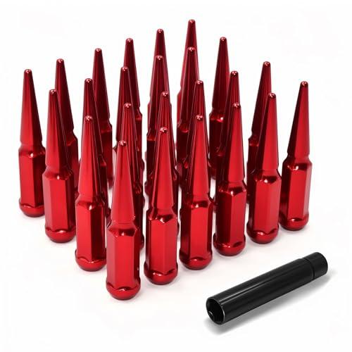 LUJIANI M12X1.5 Red Wheel Spike Lug Nuts, 24 PCS Lug Nut Wheel Accessories with 1 Socket Key, Thread Spiked 4.4" Long Closed End Nuts Compatible with Camry Accord Impala
