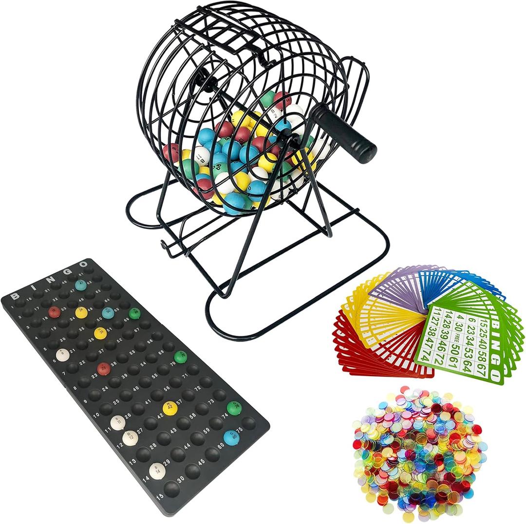 Yuanhe Deluxe Bingo Games Set - Metal Cage with Calling Board, 50 Bingo Cards, 300 Colorful Bingo Chips, 75 Colored Balls, Great for Adults Kids Large Groups, Parties Events Family Game Nights
