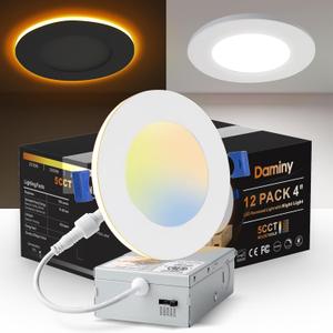 DAMINY 12 Pack 4 Inch 5CCT LED Recessed Light with Night Light,Ultra-Thin,Canless recessed Lighting 4 in,9W=80W,700LM,Dimmable Wafer Lights,ETL Certificated