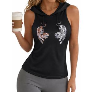 Remidoo Women's Graphic Sleeveless Hoodies Fitted Hooded Tank Tops Workout Shirt Black X-Large (Black, XL)