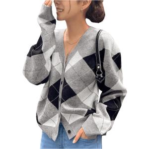 SOLY HUX Women's Argyle Cardigan Sweater Plaid V Neck Button Down Long Sleeve Casual Cardigans, Small