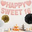 Happy Sweet 16 Banner for Party Decorations Sweet 16th Party Birthday Decorations for Girls Pre-Strung Rose Pink Glitter Sweet Banner
