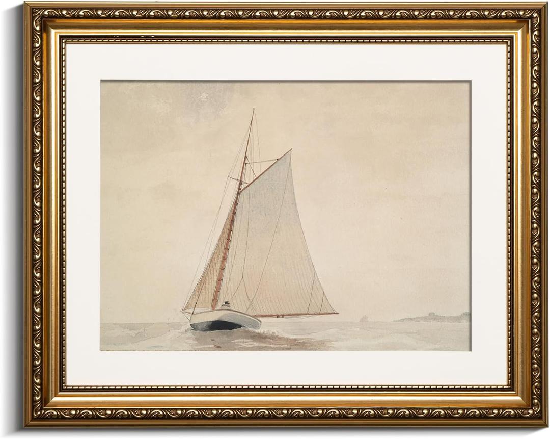 VIYYIEA Gold Framed Wall Art Canvas Print Home Decor for Living Room White Sailboat Seascape Watercolor Vintage Beach Painting on Canvas - Coastal Wall Art Prints for Bedroom Office Bathroom 13x16in