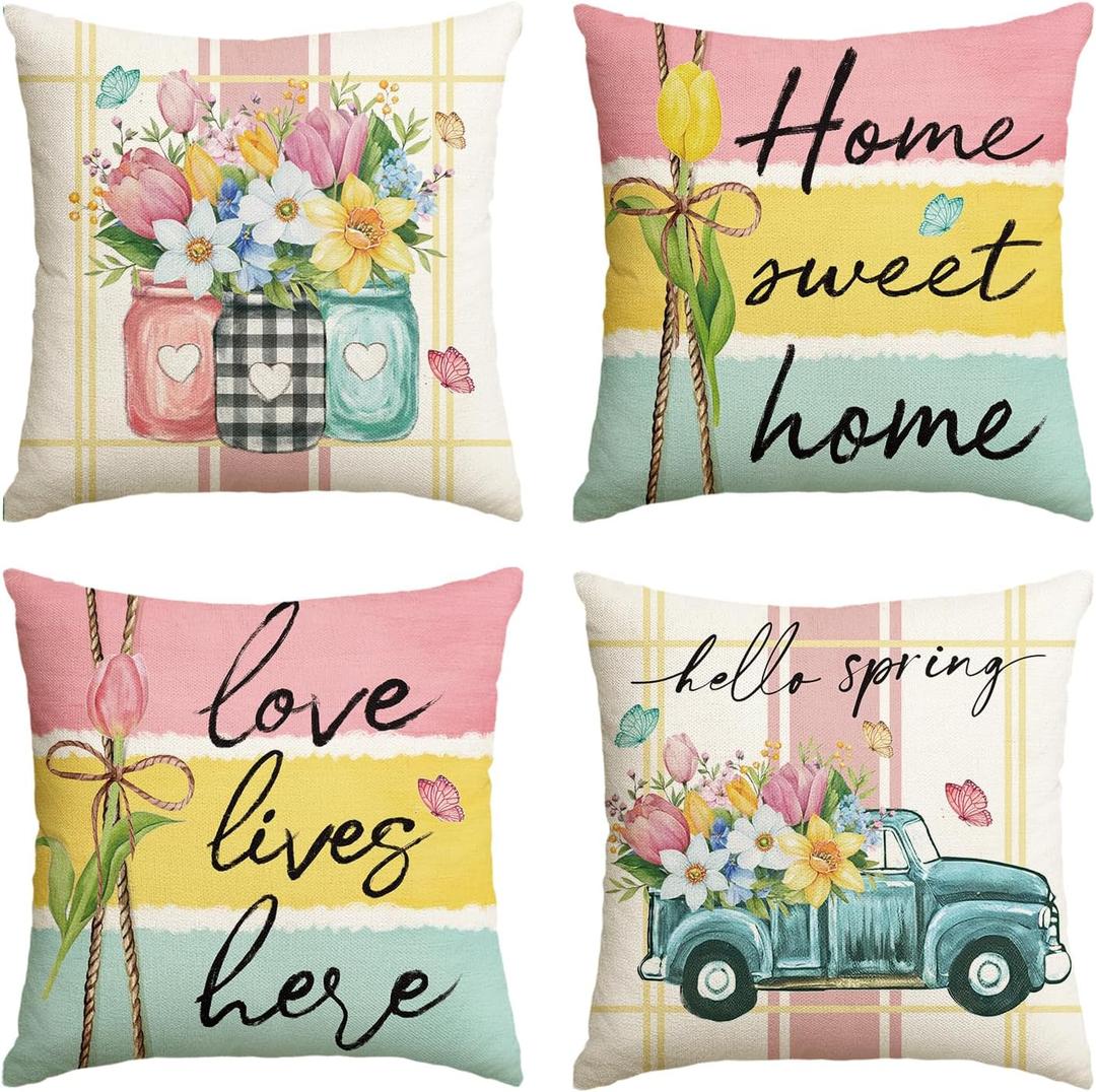 AVOIN colorlife Spring Flowers Tulip Home Sweet Home Throw Pillow Covers, 18 x 18 Inch Love Lives Here Truck Cushion Watercolour Case Decorations for Sofa Couch Set of 4