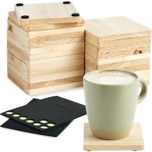 12 Pack Unfinished Wooden Coasters, Blank Wood Crafts Squares for DIY with Non-Slip Foam Dots (3.8 in)
