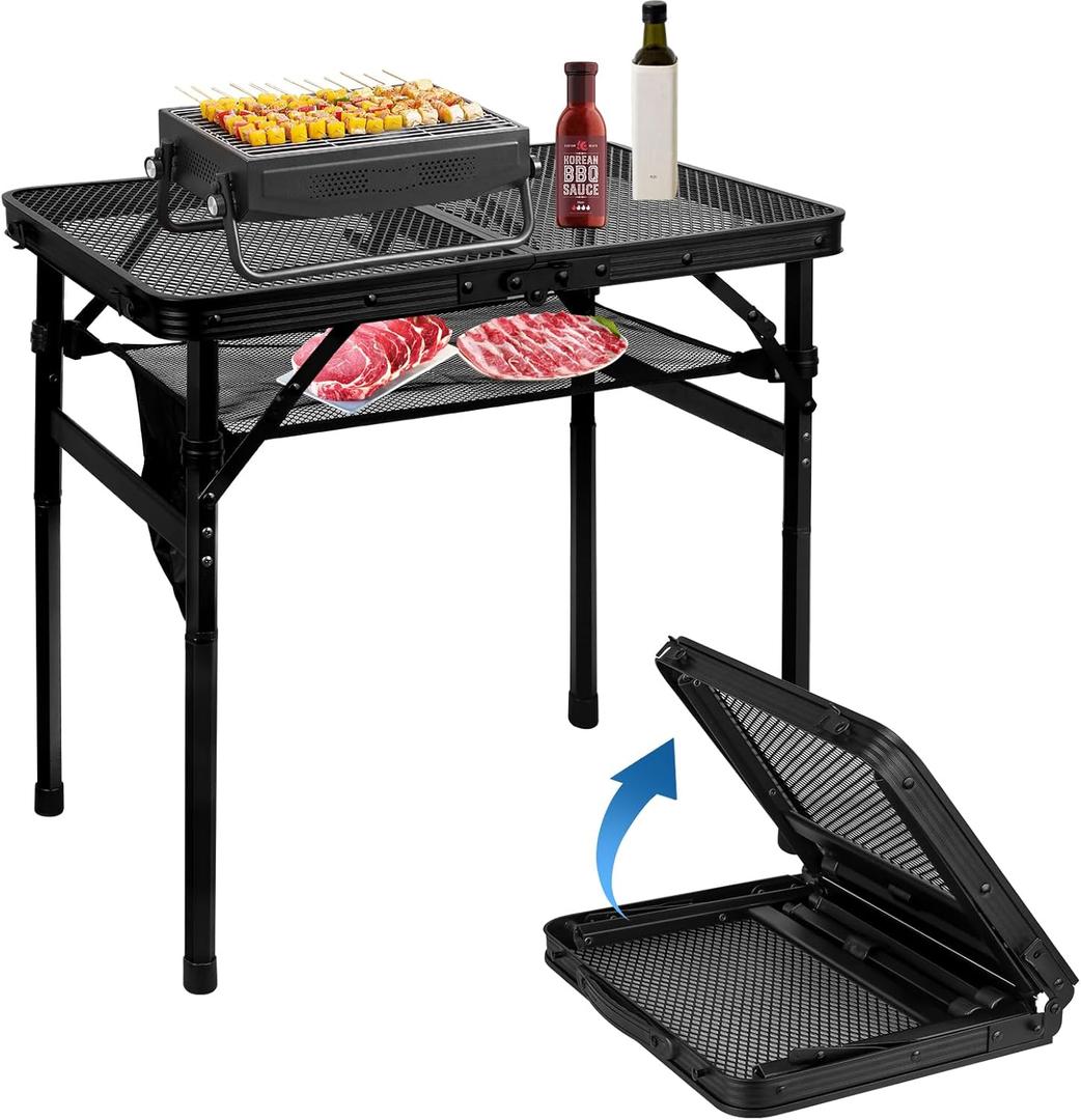 MSDADA Folding Grill Table, Height Adjustable Aluminum Table with Mesh Desktop and Mesh Bag, Portable Grill Table for Outdoor Camping, Picnic, Patio, Dining, BBQ, Party, Black, 23.615.7 inch