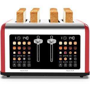 4 Slice Toaster Touch Screen, Stainless Steel Toasters Digital Timer, Dual Control Panel Toasters, 8 Shade Settings 6 Bread Types for Bagel, Cancel, Defrost 1650W Red