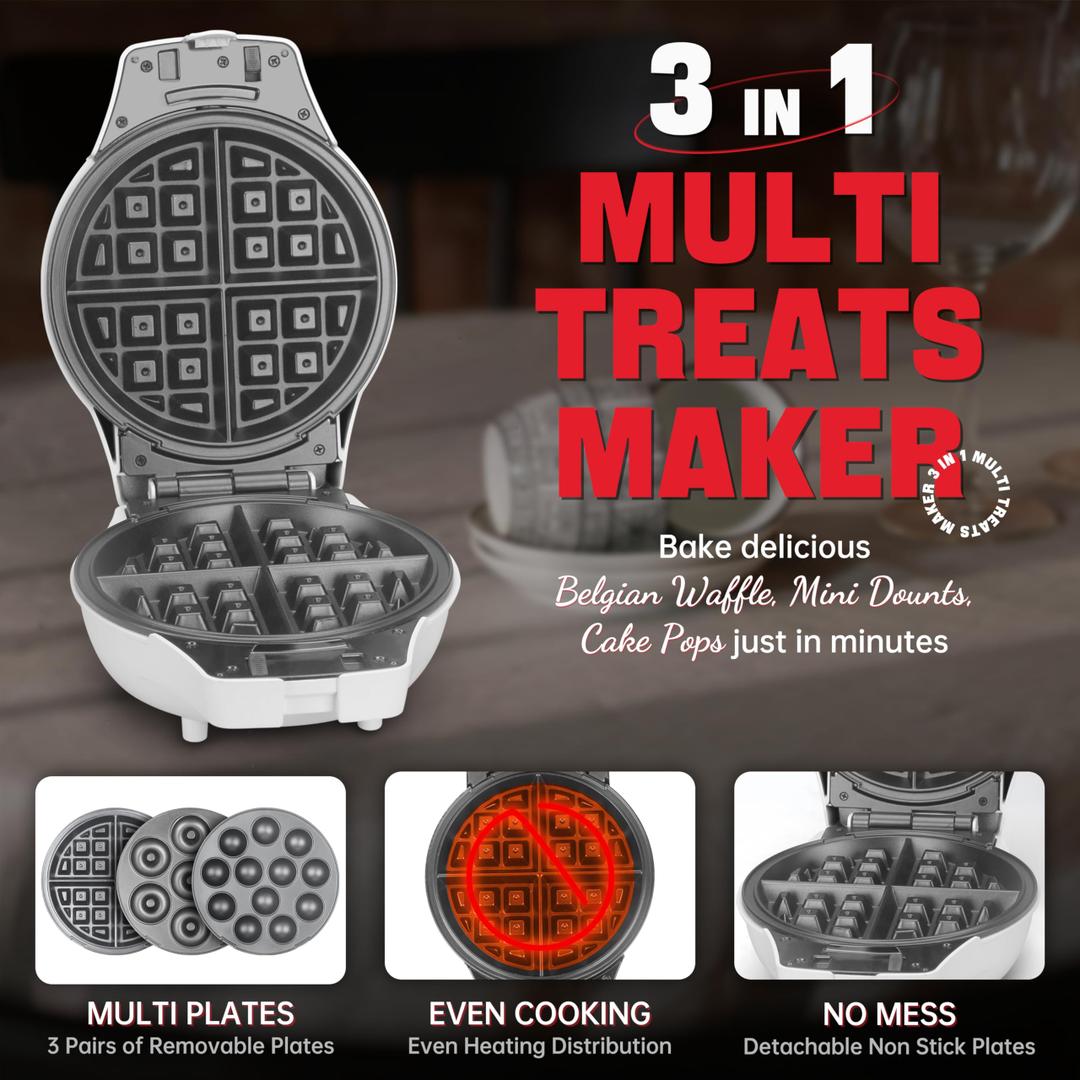 SugarWhisk 3 in 1 Thick Belgian Waffle Maker with Removable Plates, 8" Non Stick Belgian Waffle Iron Removable Plates, Mini Donut Maker Machine, Cake Pop Maker Machine Set with Accessories & Tools
