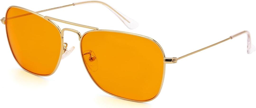 IOHLNG Square Aviator Sunglasses for Women Men Polarized Pilot Military Square Shades Classic Vintage Metal Sun Glasses (Polished Gold Frames + Dual Ar 99.99% Blue Light Blocking Amber Orange Lens)