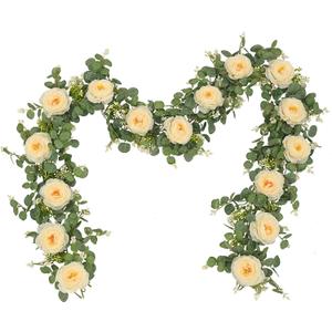 Dolicer 2Pcs 13Ft Artificial Eucalyptus Garlands with Flowers, Faux Floral Greenery Garlands Fake Flowers Vines for Wedding Centerpieces Arch Party Ceremony Backdrop Decor (Champagne)