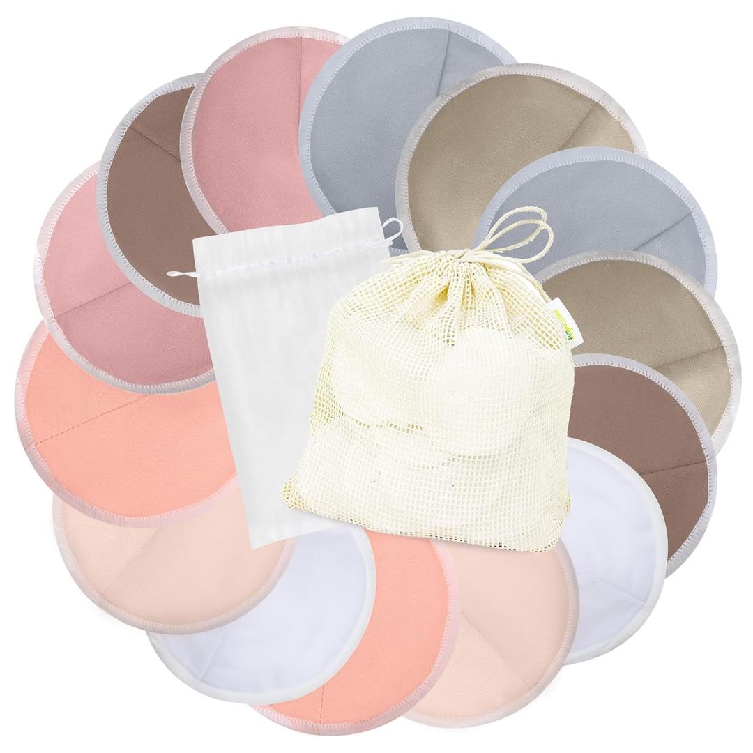 wegreeco Nursing Breast Pads (14 Pack) + Laundry Bag & Travel Storage Bag, 4.7 inch - Washable & Reusable Breastfeeding Nursing Pads (Mild, Large, Contoured Shape)